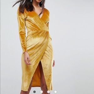 Asos Gold Velvet Wrap Midi Dress